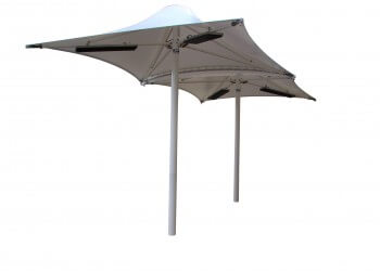Two Flexshade Centre Pole Umbrellas joined together