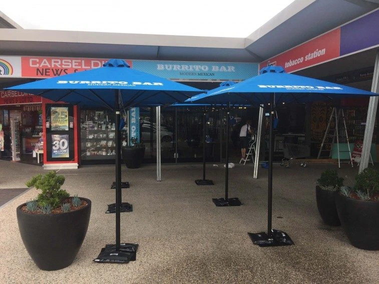 UltraShade Home & Café - 2.5m Square. Blue Canopy with Burrito Bar Screenprinting